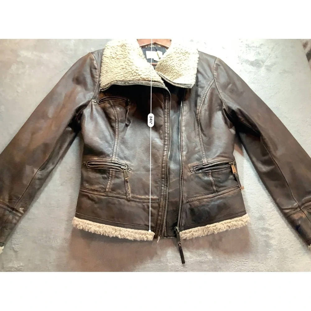 Michael Kors Womens Brown Leather Faux Fur Shearling Moto Aviator Jacket Large